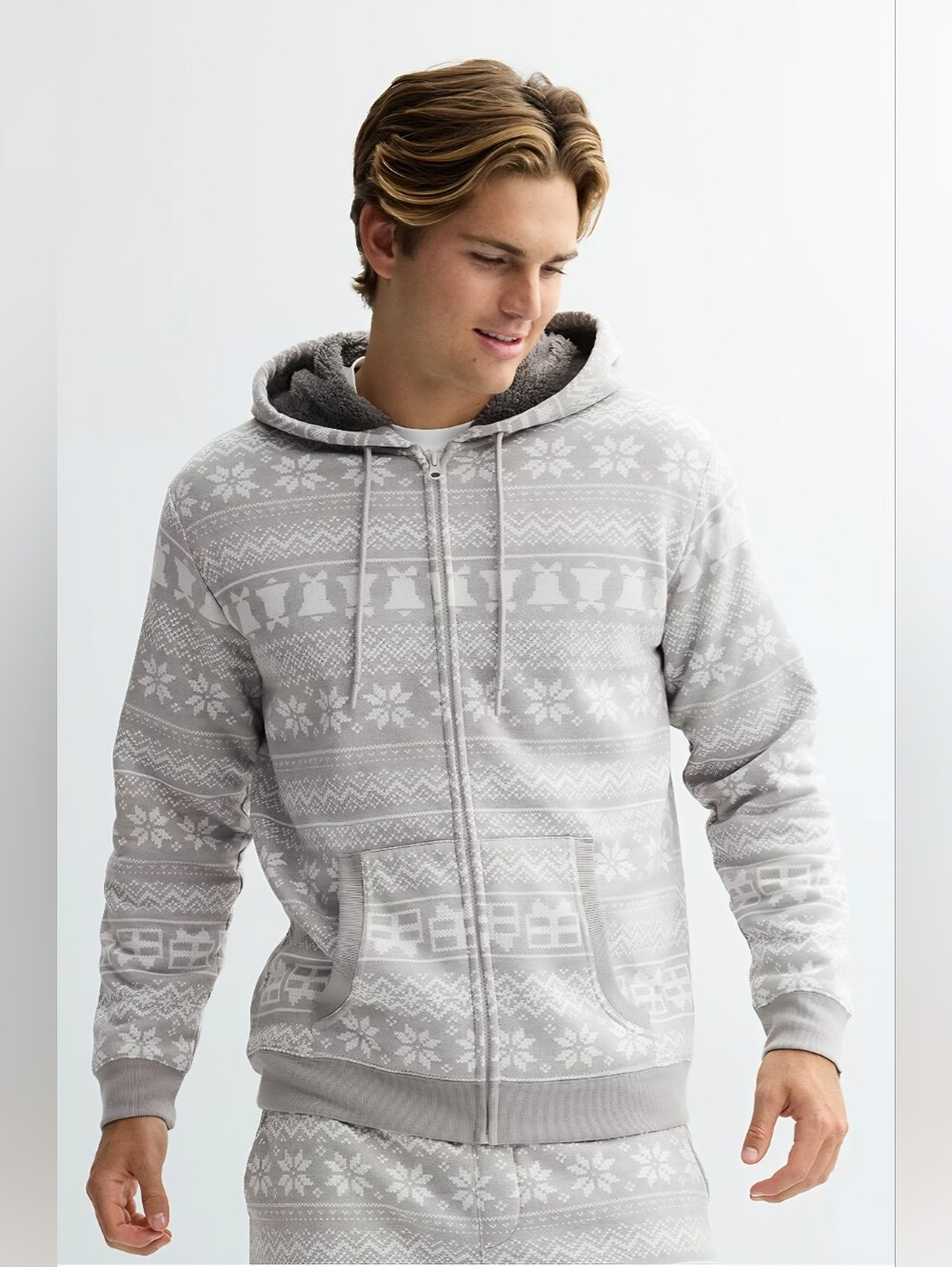 ADTN Men's Light Gray Fair Isle Holiday Pattern Sweatsuit Size XL Sherpa Lined